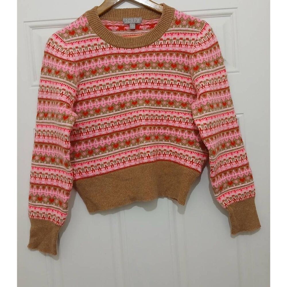 J.crew womens medium sweater pink fairisle puff sleeve Scandinavian wool - Picture 2 of 8